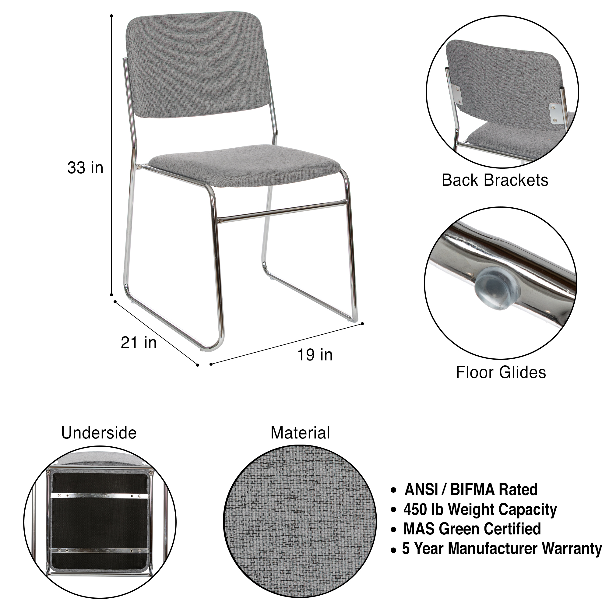 Hampden Furnishings Sandra Collection Padded Stack Chair, Grey, Pack of 2