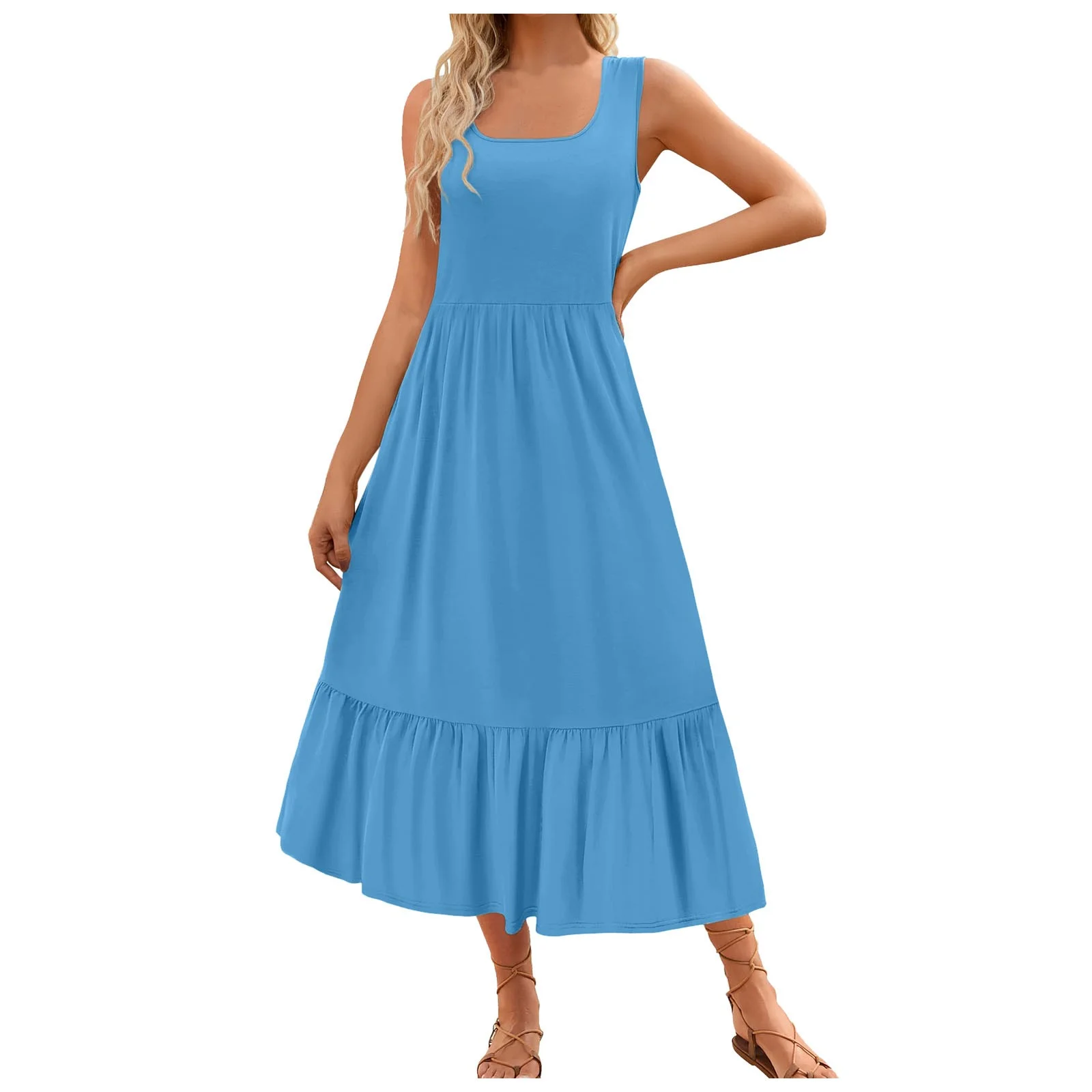 Autumn Cargo Skirt Women'S Summer Sleeveless Dress Square Neck Pleated Swing Casual Maxi Dresses With Pockets Skirt