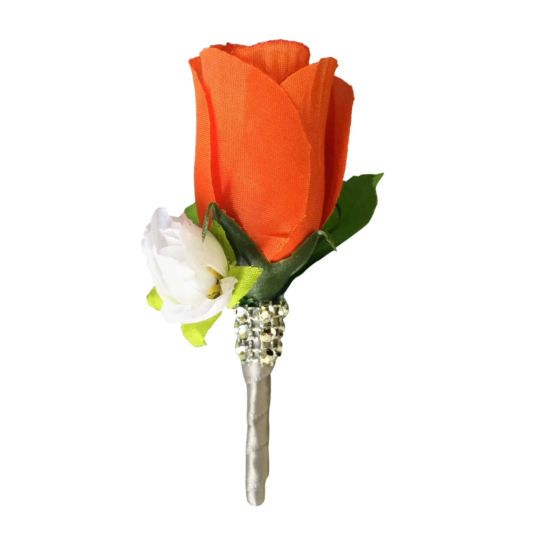 Angel Isabella Boutonniere - Orange Rose Bud with White Mini Rose,White Ribbon Bling stem