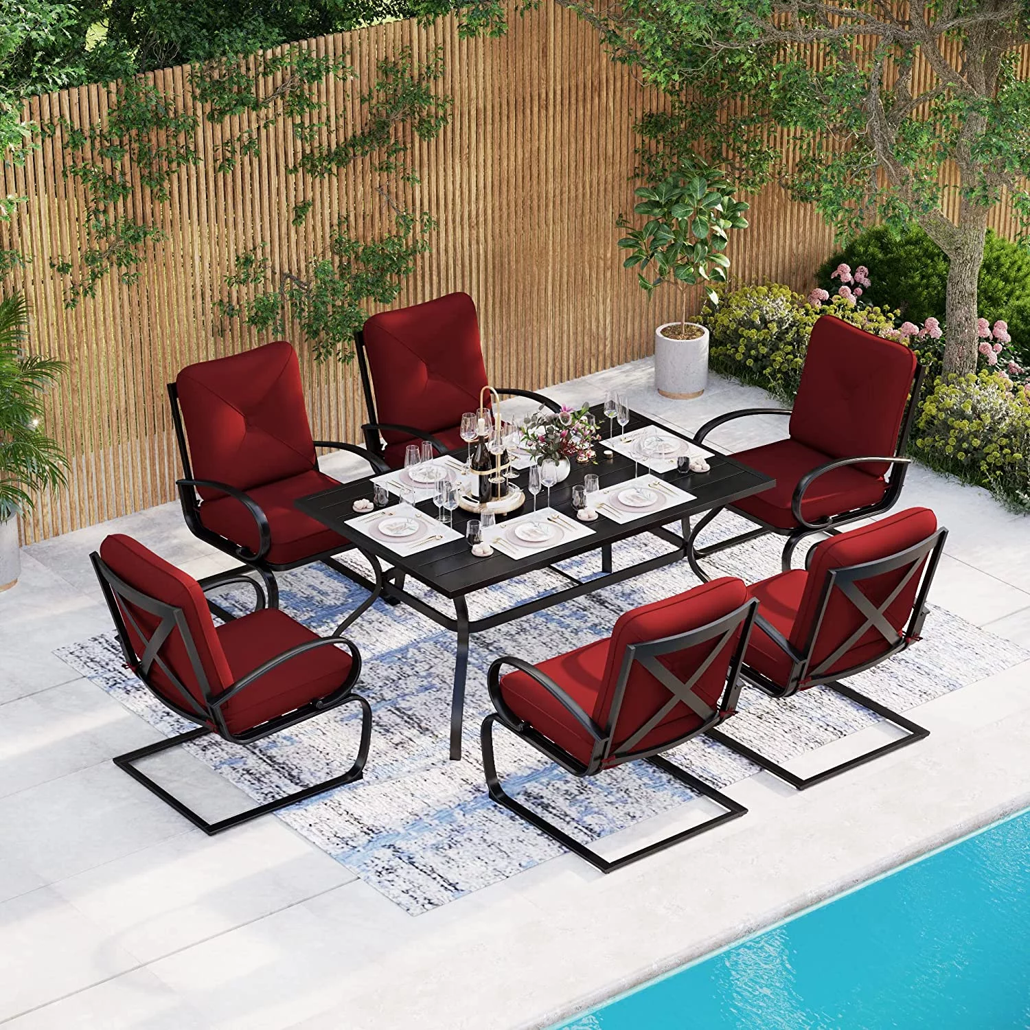 7 Piece Outdoor Patio Dining Set 6 Spring Motion Cushion Chairs  1 Rectangular Table with 1.57" Umbrella Hole Furniture Sets for Lawn Backyard Garden