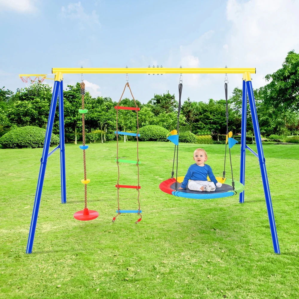 iYofe 4-in-1 Metal Swing Set Outdoor, Toddler Swing Set with 1 Single Saucer Swings, Climbing Ladder, Disc Tree Swing Seat, Basketball Hoop, Kids Playset for Backyard Playground Garden, Yellow & Blue