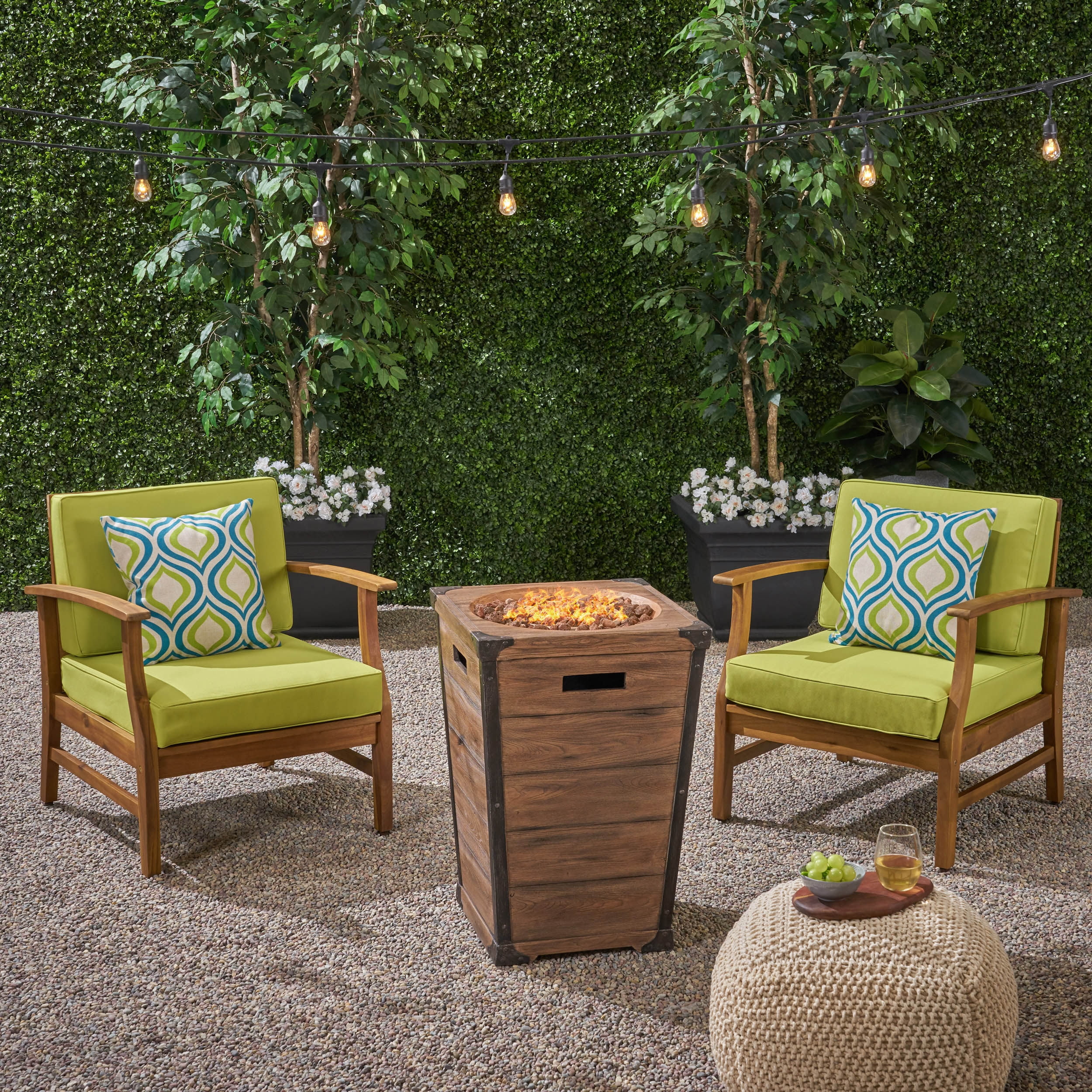 Capri Outdoor 2 Piece Acacia Wood Club Chair Set with Fire Column
