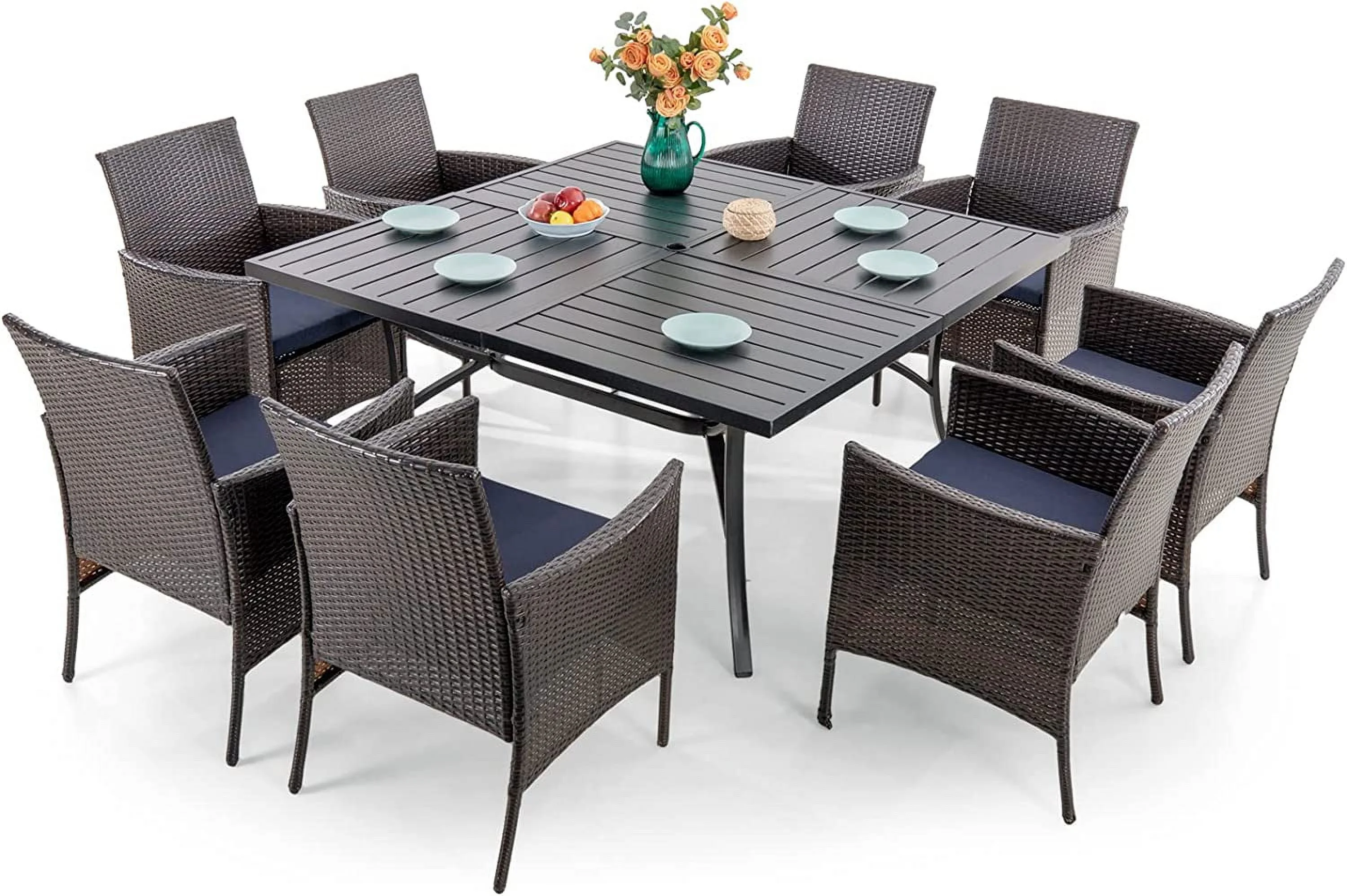 & William Outdoor Patio 7 Pieces Dining Set with 6 PE Rattan Chairs and 1 Rectangle Expandable Metal Table  Modern Outdoor Furniture with Seat Cushions for Poolside  Porch  Patio  Bal