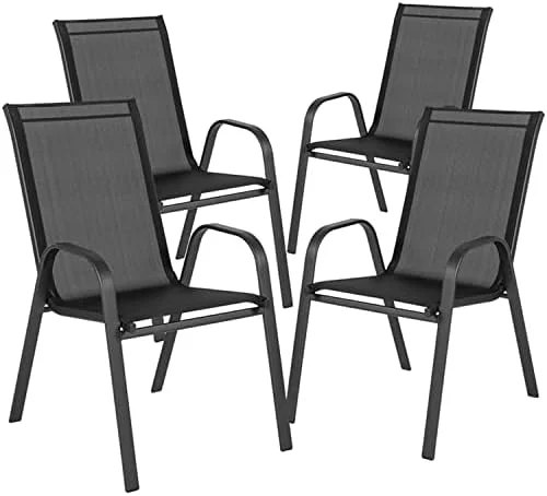 4 Pack Brazos Series Black Outdoor Stack Chair With Comfort Material And Metal Frame
