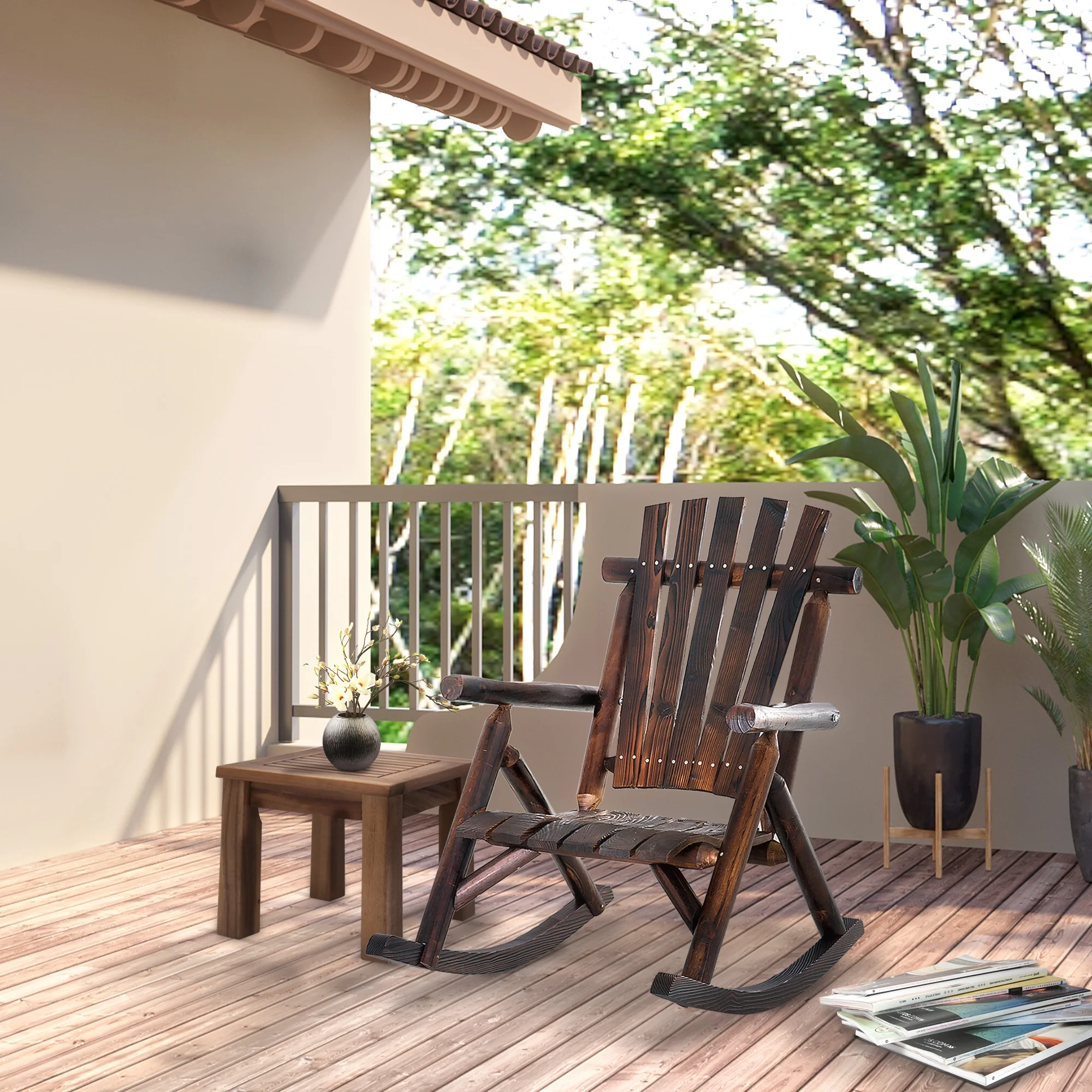 Outdoor Wooden Rocking Chairs with Oversized Backboard Bars are Stylish Design, Garden Rocking Chairs, Porches, Poolsides, Brown