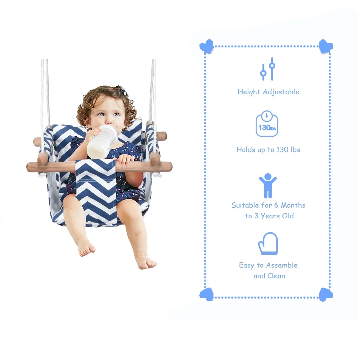 Secure Baby Hanging Swing Seat Chair for Toddler, Baby Swings for Infants, Secure Indoor & Outdoor Hammock Toy, Canvas Toddler Swing with Soft Backrest Cushion and PE Rope, Baby Hammock Chair (Blue)