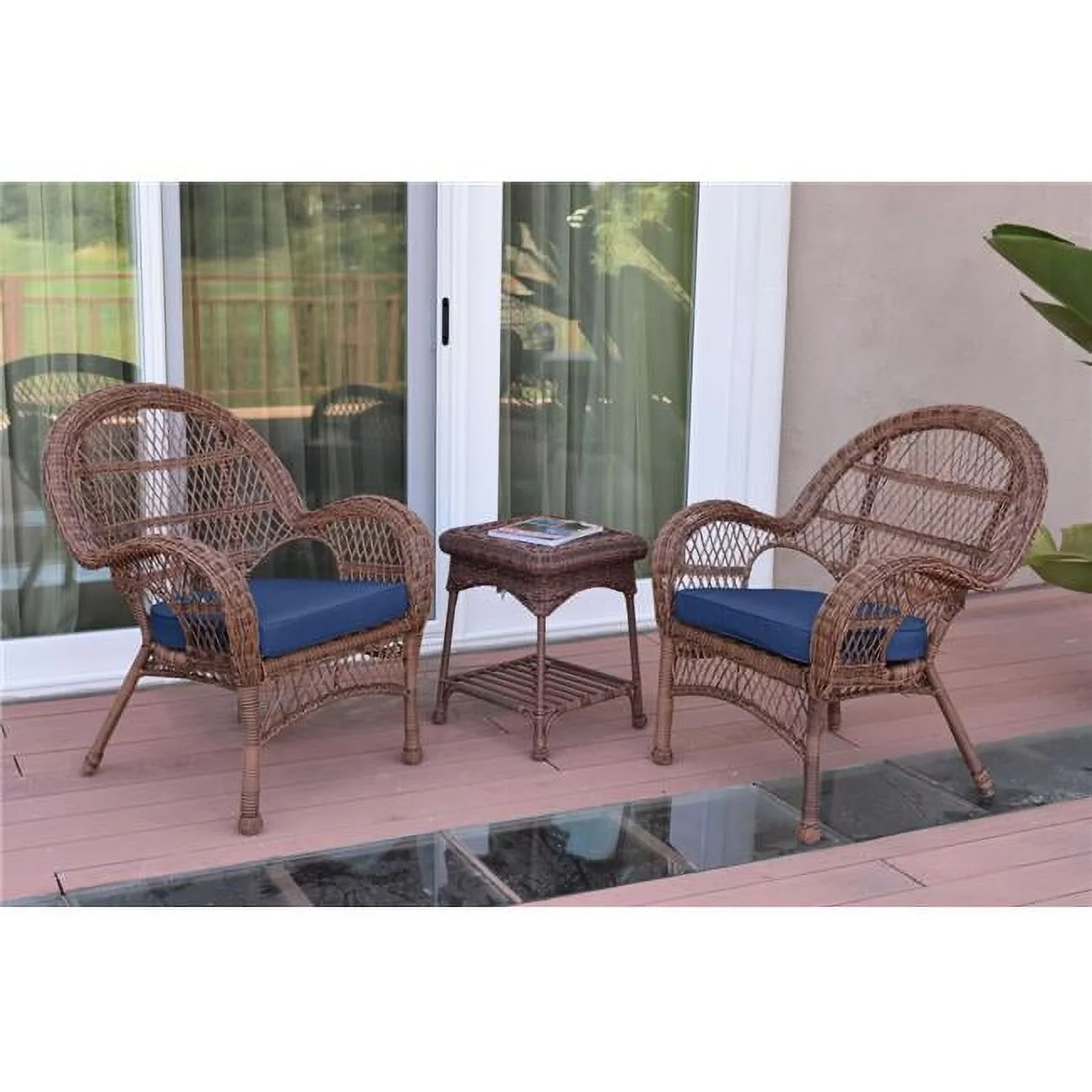 Jeco W00210-2-CES011 3 Piece Santa Maria Honey Wicker Chair Set, Blue Cushion