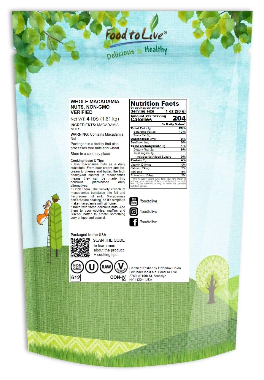 Food to Live, Whole Macadamia Nuts, 4 Pounds, Non-GMO, Kosher
