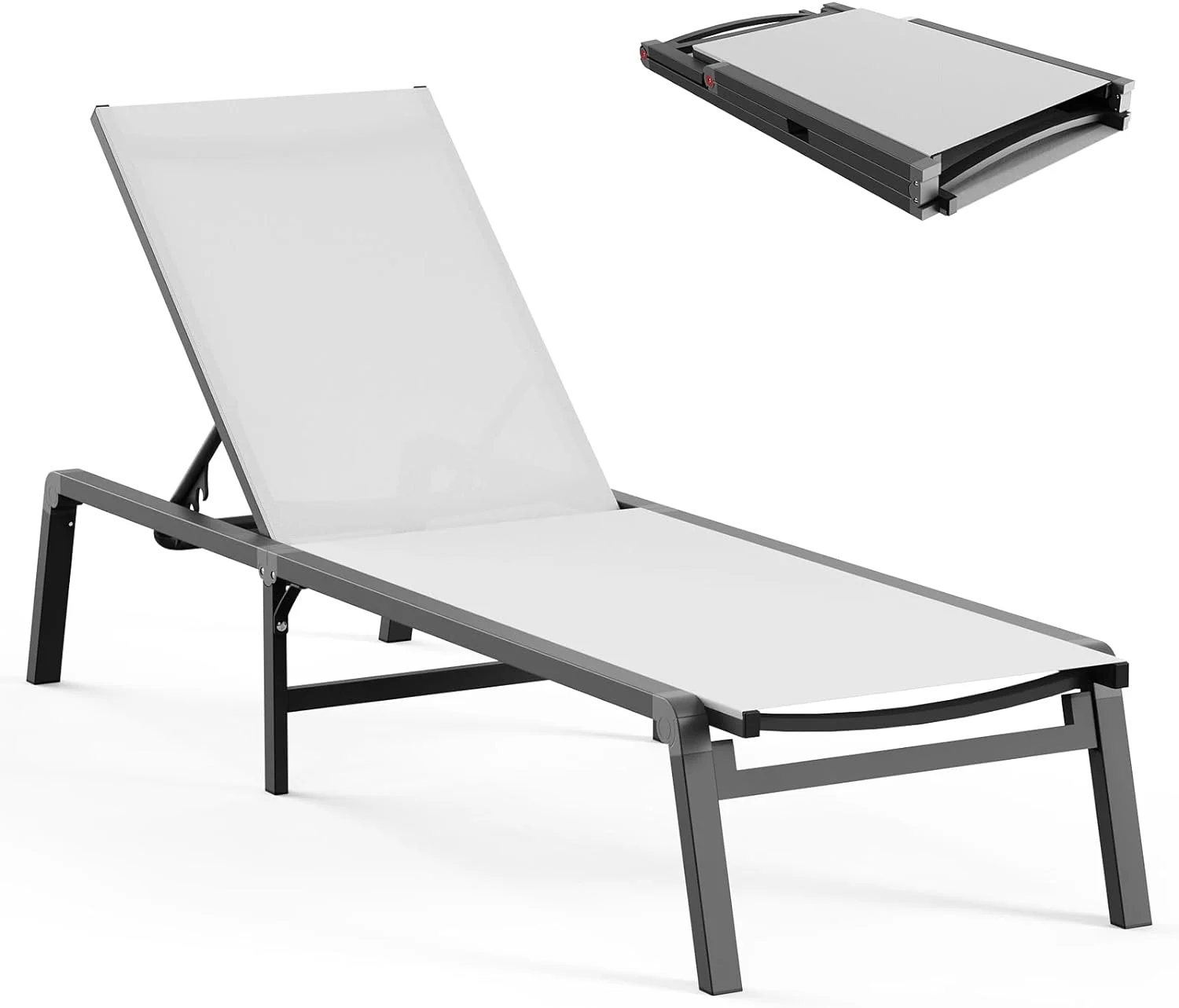 Aluminum Chaise Lounge Ourdoor - Foldable & Assemble Free Outdoor Lounge Chair with 5 Adjustable Backrest, Patio Lounge Chair for Outside Poolside Beach Pool, White