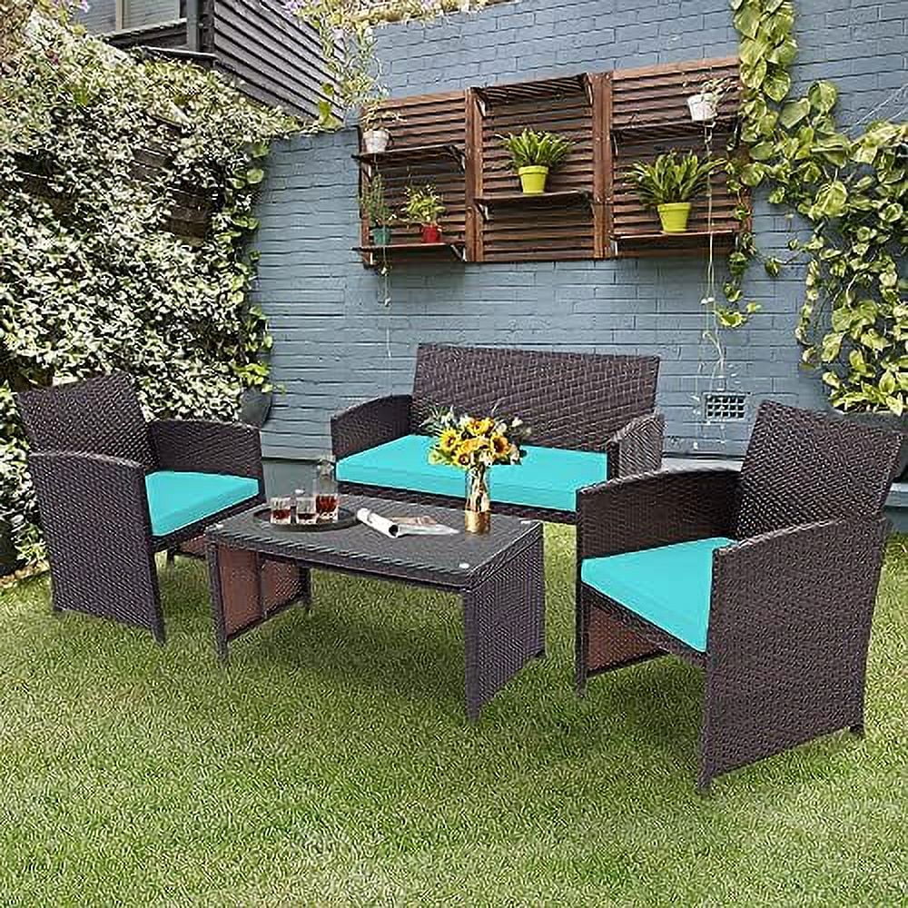 CGFHYP 4 Pieces Rattan  Set  Outdoor Wicker Set w/Chairs  Loveseat  Conversation Rattan Upholstered Armchairs w/High Resilience Sponge  Perfect forPoolside  Turquoise