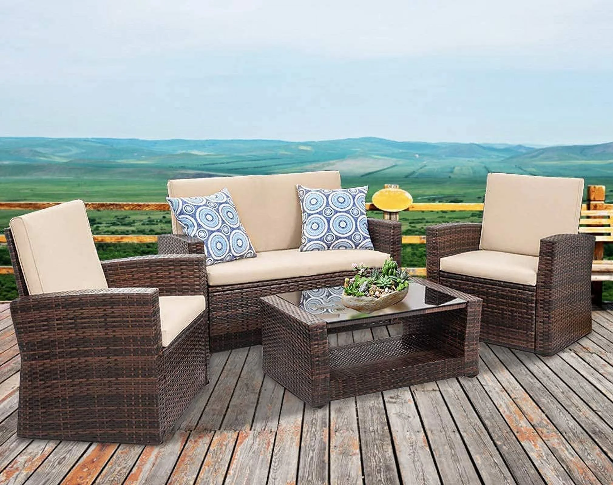 4 Piece Rattan Chair Patio Sofas Wicker Sectional Sofa Outdoor Conversation (Brown and Tan)