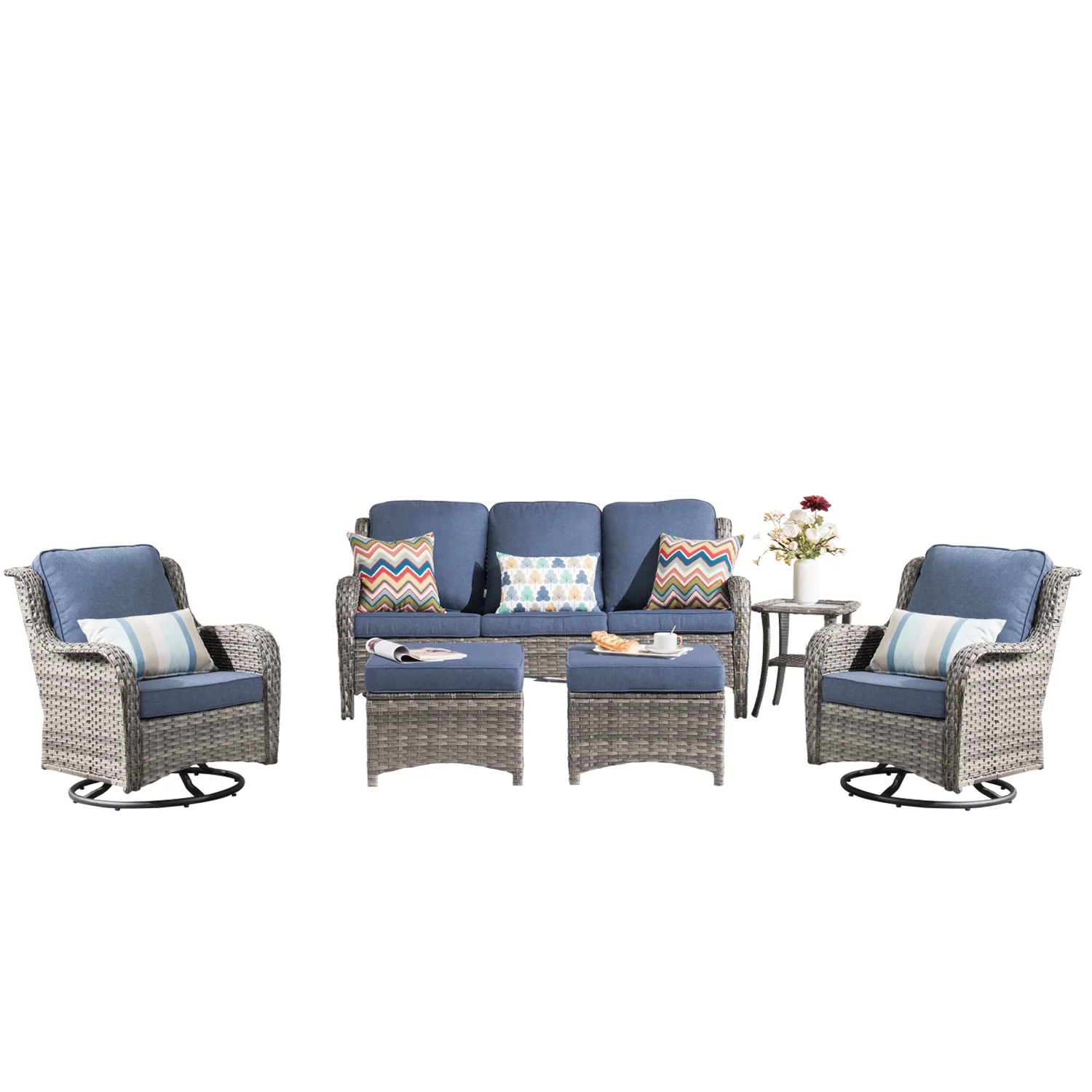 Ovios 6 Pieces Outdoor Patio Furniture Swivel Set Wicker Conversation Sectional with Rocking Chair, Ottomans, Side Table