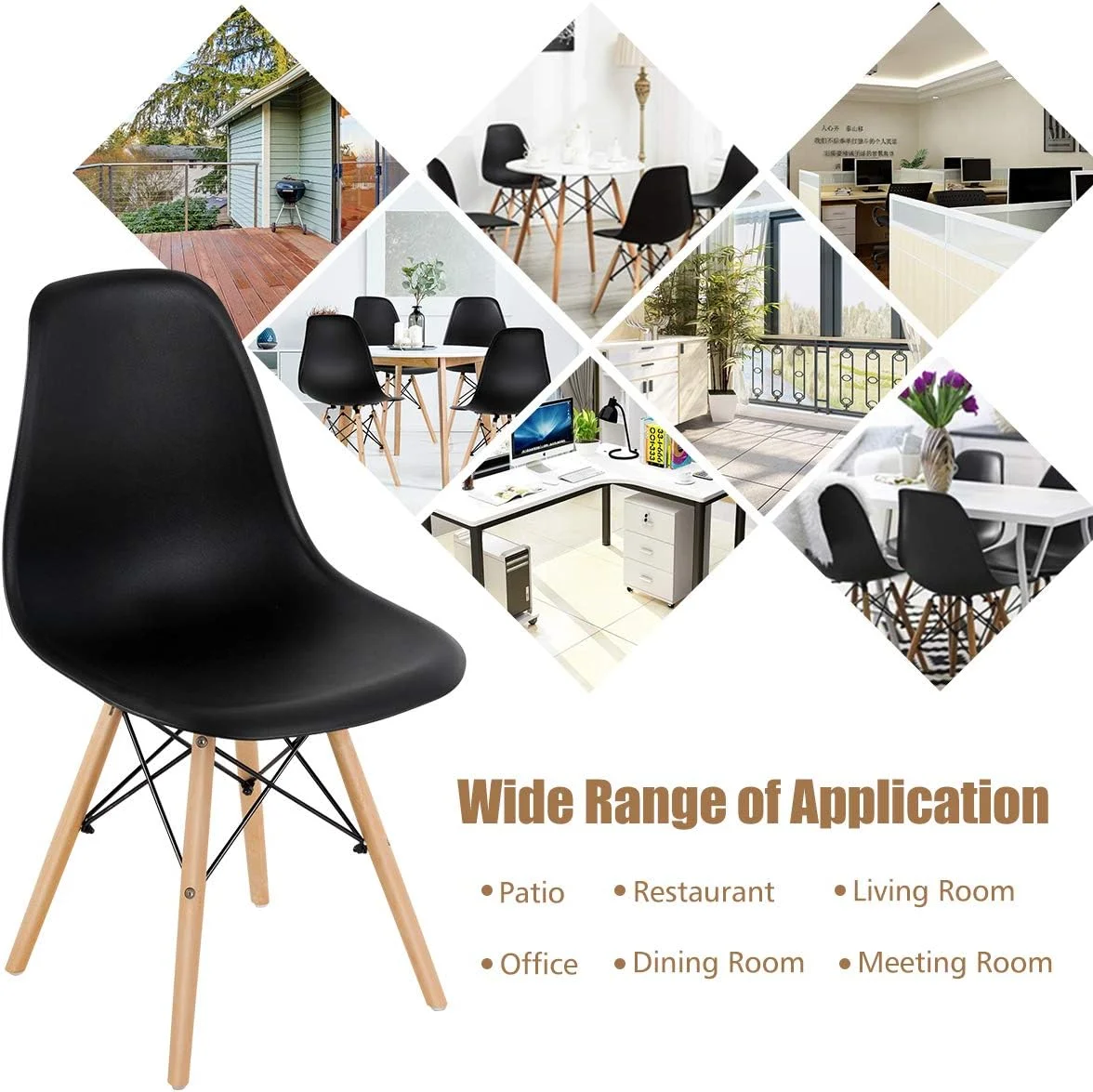 CGFHYP DSW Dining Chairs  Shell Plastic Chairs with Wood Legs  Modern Style Armless Chairs  Room Kitchen Bedroom  Eiffel DSW Style Side Chairs with Ergonomic Backrest   Black