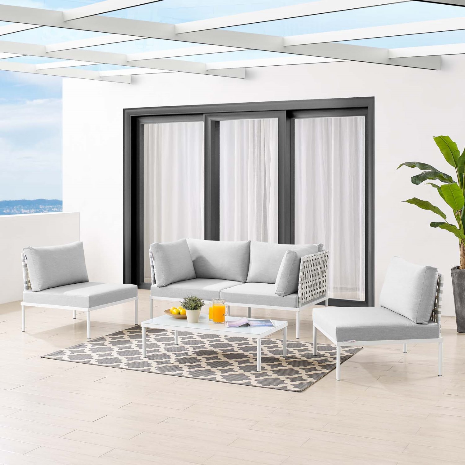 Lounge Sectional Sofa Table Set, Taupe Gray, Aluminum Metal, Outdoor Patio Balcony Cafe Bistro Garden Hospitality Restaurant, Modern Contemporary HB33452