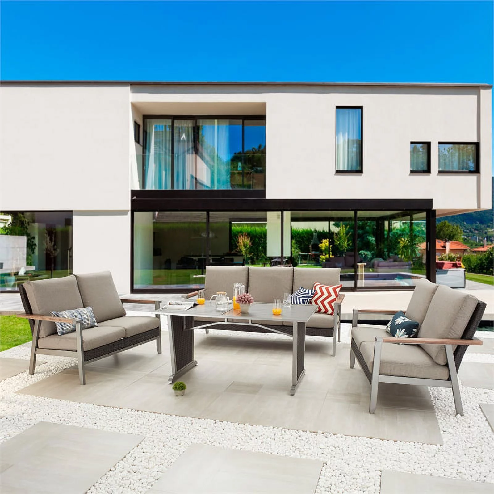 Patio Festival Thermal Transfer Metal 4-Piece Outdoor Dining Set in Gray/Beige