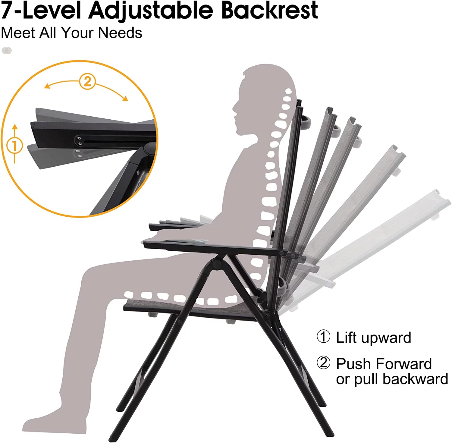 Outdoor Dining Set for 6  Aluminum Height Adjustable Folding Chair and Heavy-Duty Black Slat Metal Table  Patio Furniture Dining Table Set  Black