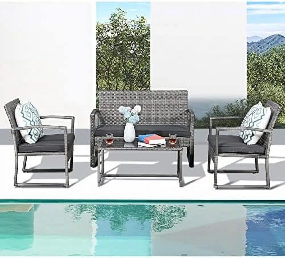 SJOPKMNH 4 Pieces Outdoor Patio   Wicker Conversation  Rattan Chair  Modern  with Coffee Table  Garden Balcony Backyard Poolside (Light Grey)