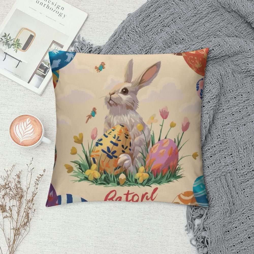 Cmefzd Happy Easter Pillow Covers,Cute Chicken Rabbits with Eggs Print Pillow Case Cushion Case, Flowers Carrots Nest Decorative Throw Pillow Cases, Holiday Easter Gift for Sofa, Chair, Bed White