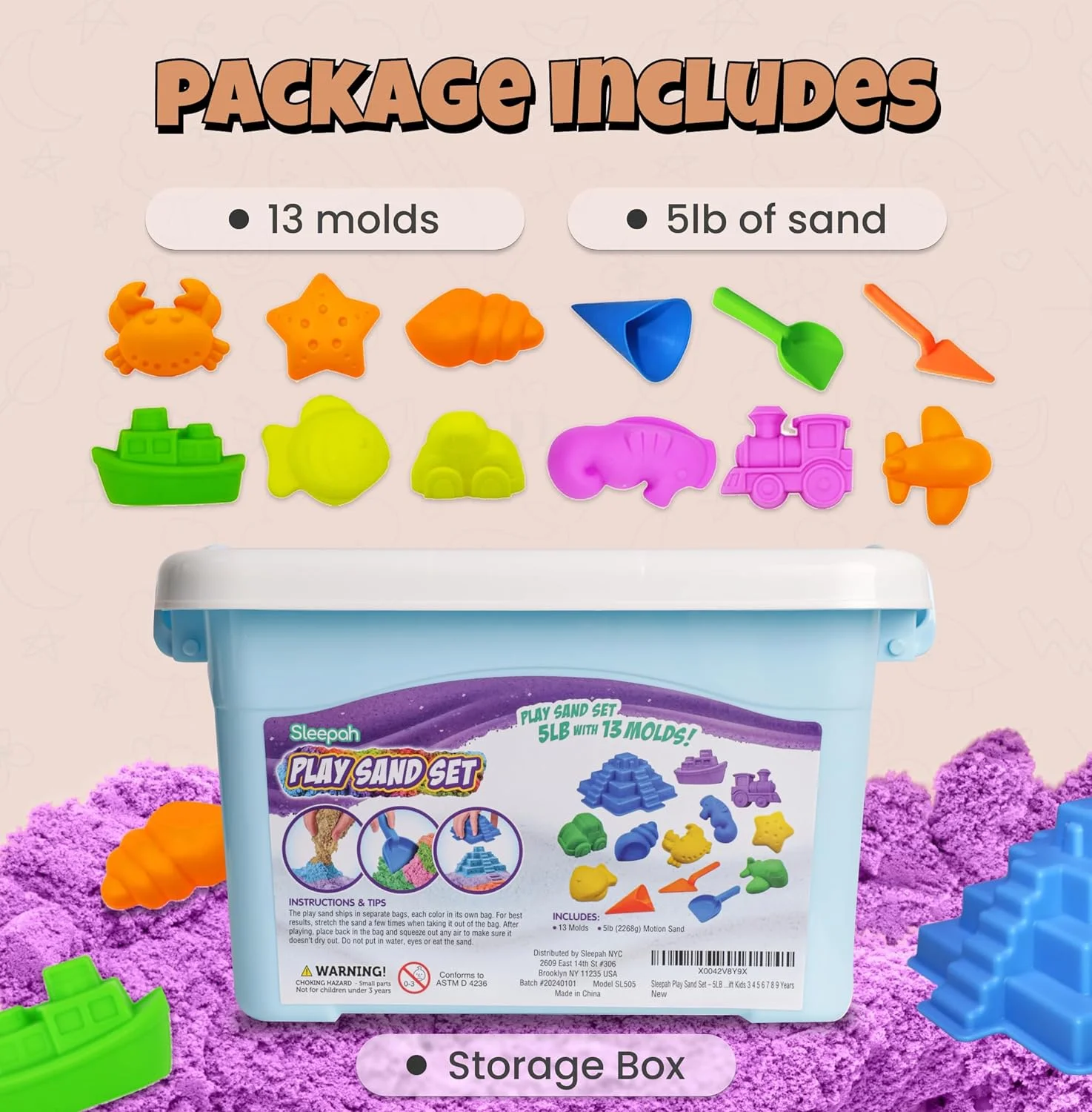 Sleepah Play Sand Set 5LB of Sensory Toy Sand with 13 Molds for Girls & Boys