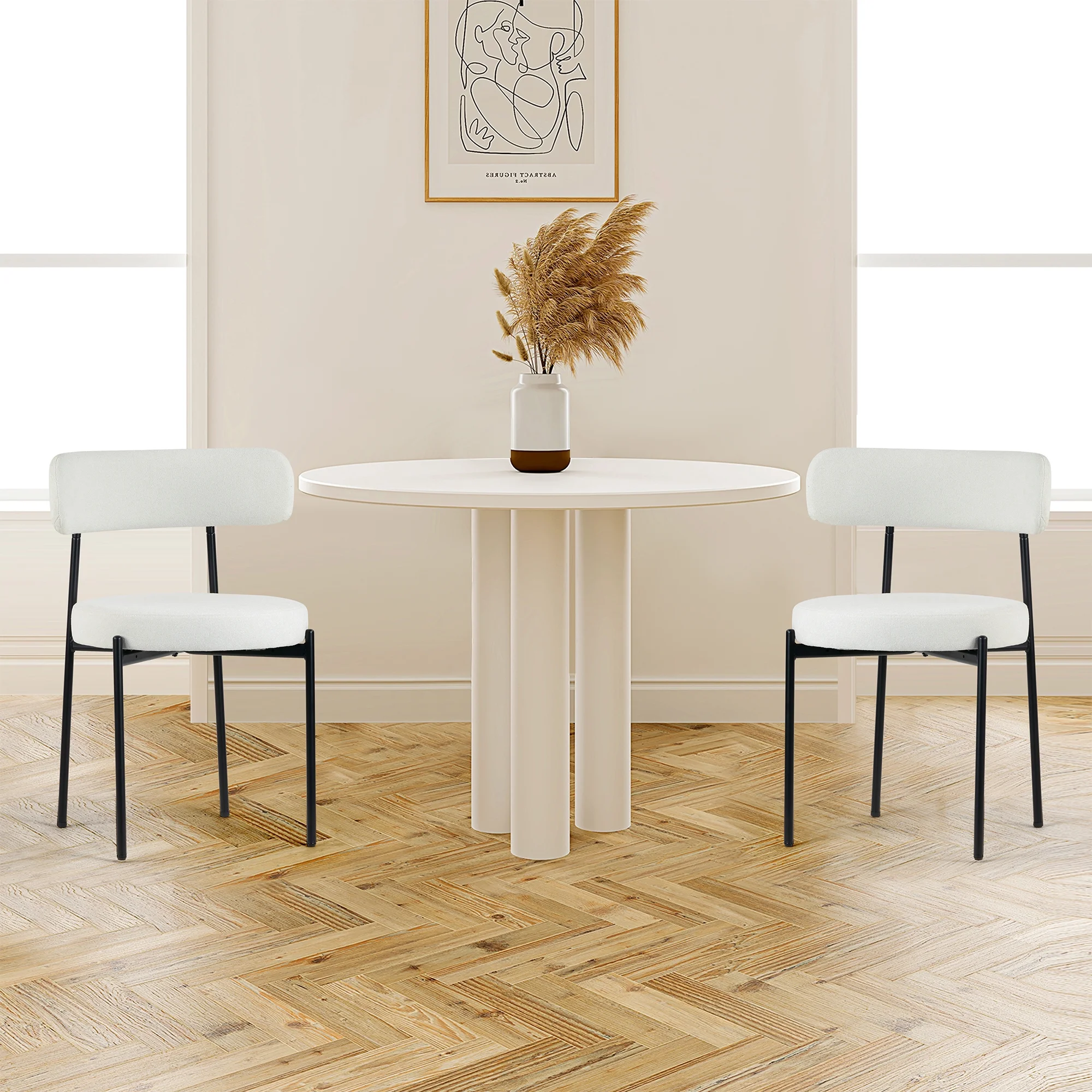 Set of 2 Avrom White Boucle Fabric Dining Chair with Black Metal Iron Legs