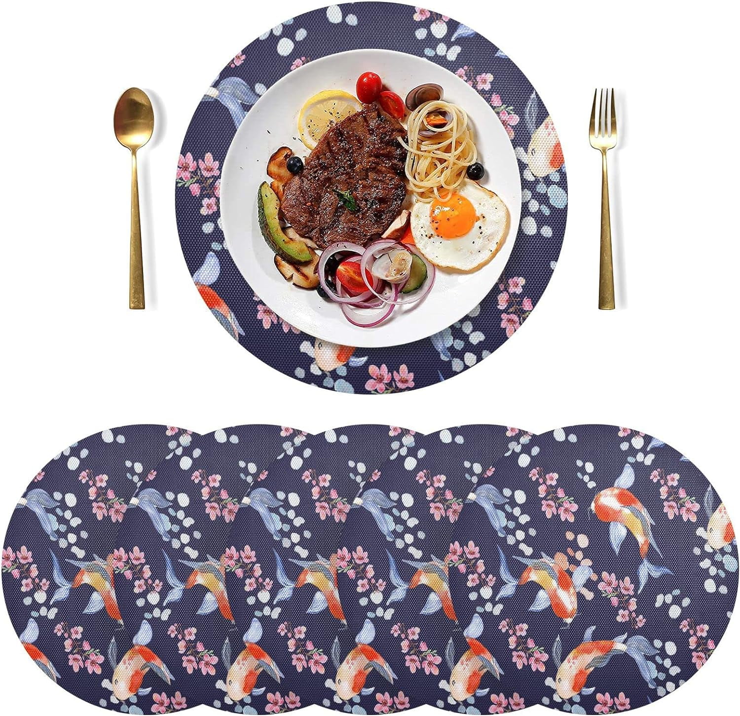 Hidove Koi Fish in The Pond Round Placemat Set of 6, Non-Slip Heat Resistant & Waterproof Plate Pads for Dinner Table Decor Table Placemats, 15.4 in