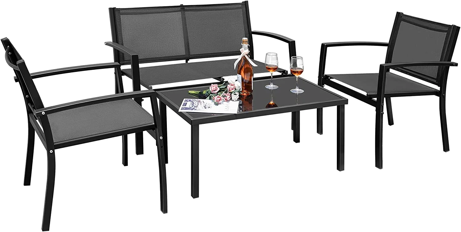 Patio Furniture Set, Textilene Bistro Set with Loveseat Tea Table for Home, Outdoor, Lawn, Balcony, 4 Pieces, Black