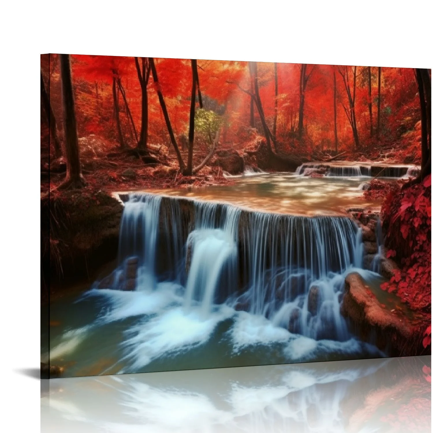 Chilfamy  Wall Art Decor Canvas Print Picture Red Forest Waterfalls Modern Landscape Tree for Living Room Bedroom Kitchen Office Home Decor Stretched and Framed Ready to Hang 20x16 in/16x12 in