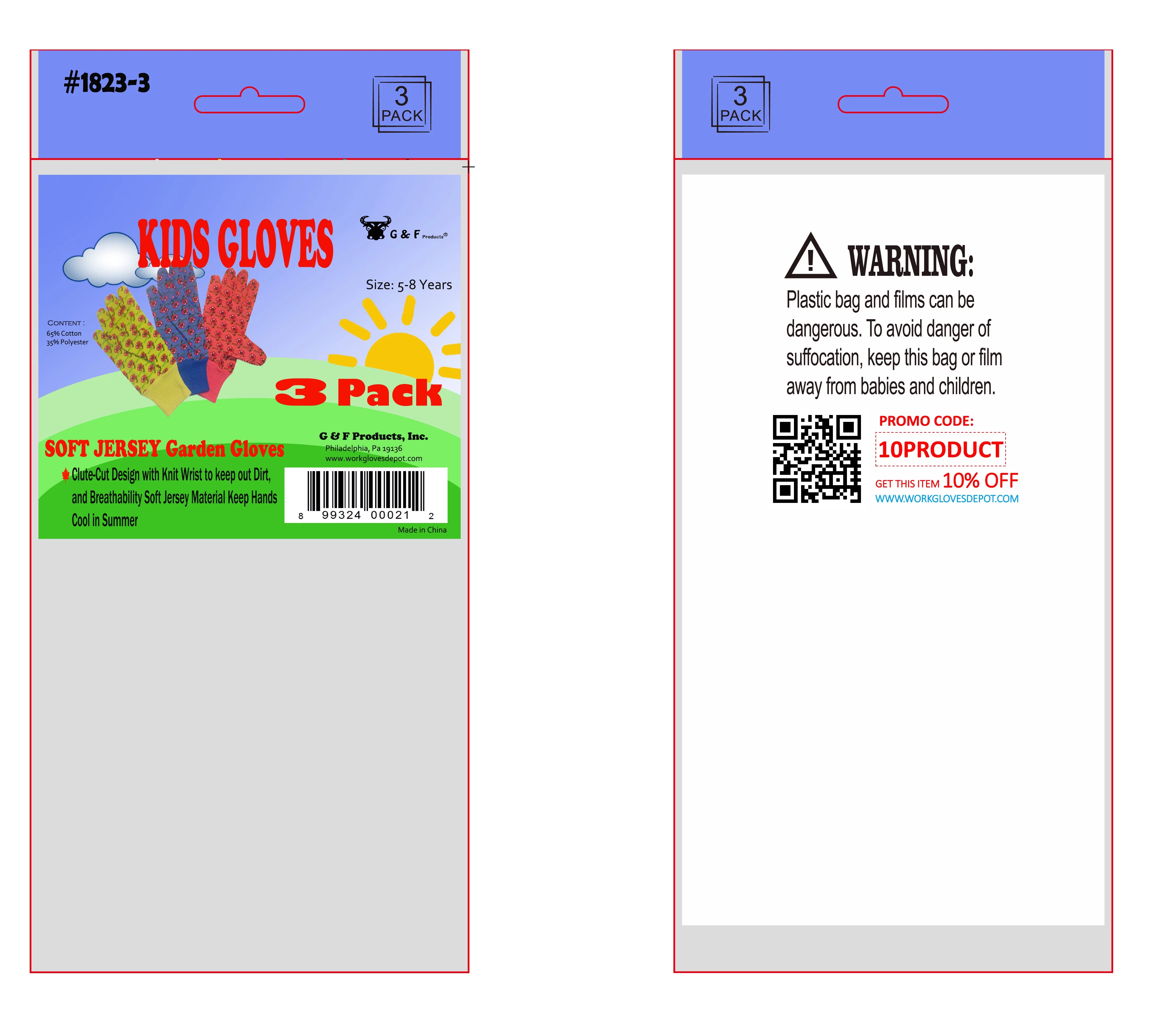 G & F Soft Jersey Kids Blue Green Color Garden Gloves 1823, Durable & Safe, 3 Pairs