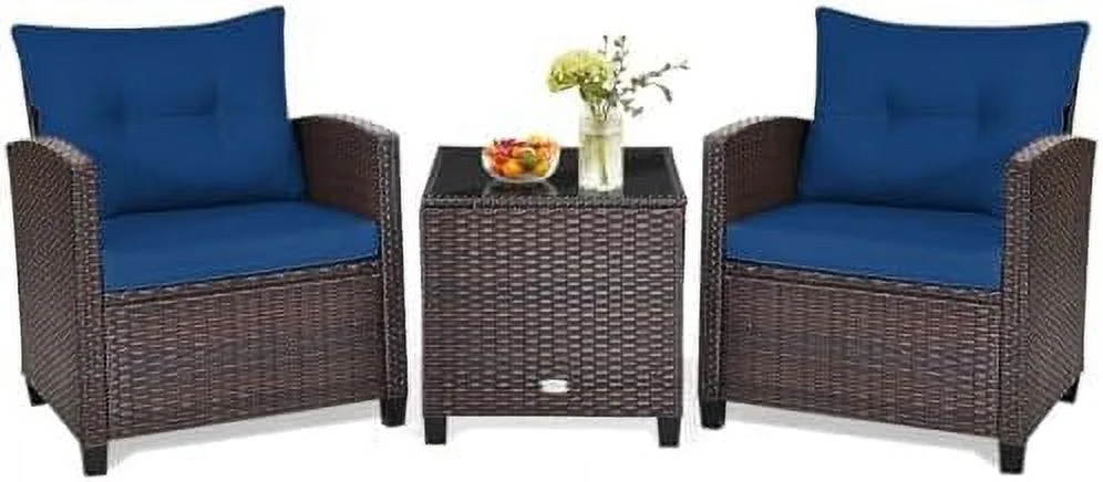 HYHBIBOOM 3 Pieces Patio  Set Outdoor  Rattan Wicker Chairs and Table Set  Balcony Porch Conversation Set with Washable Cushions & Tempered Glass Coffee Table