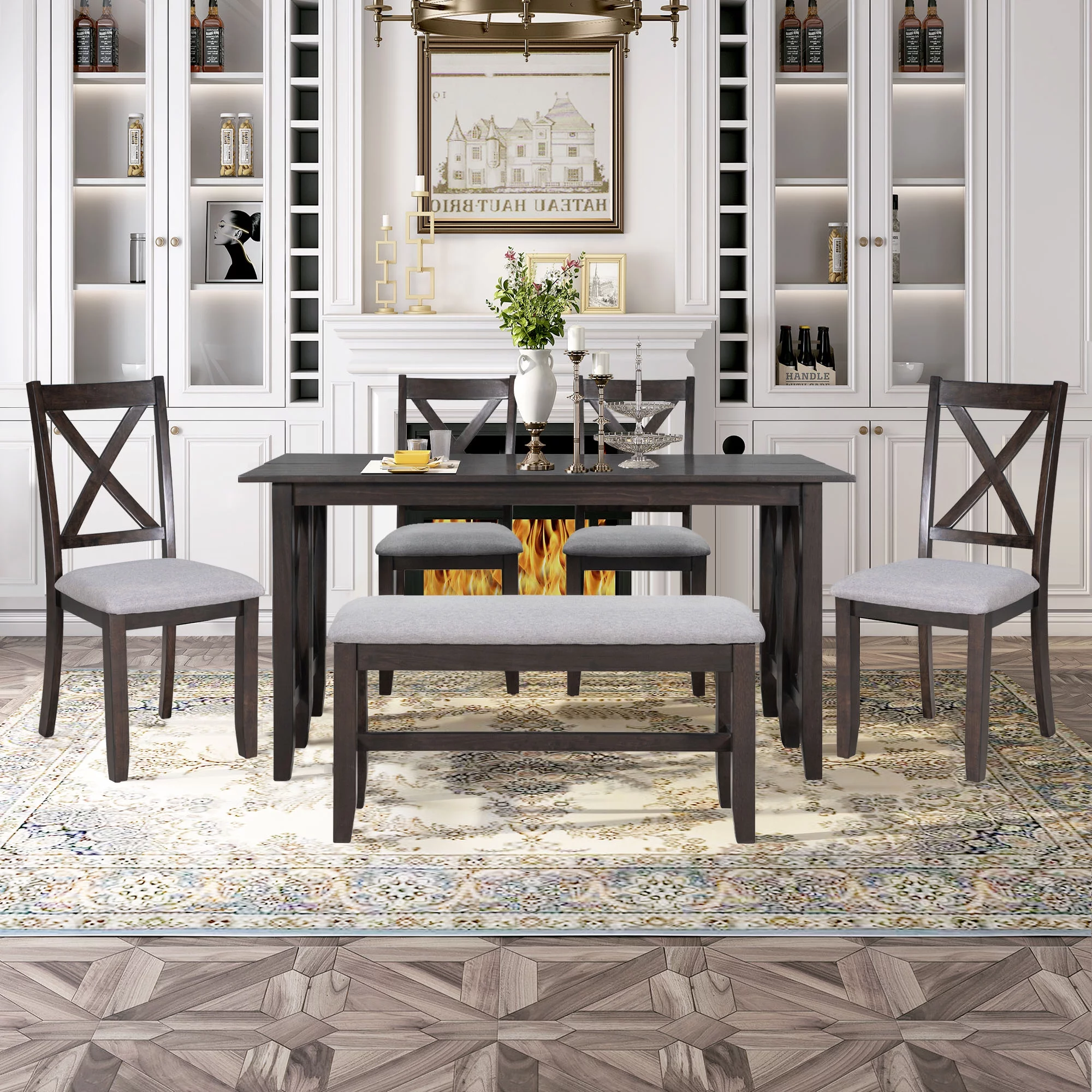 6 Piece Dining Table Set, Family 6-Person Foldable Dining Table with 4 Upholstered Chairs & a Bench, Wood Kitchen Table Set for 6 Persons for Living Room, Home Bar and Kitchen