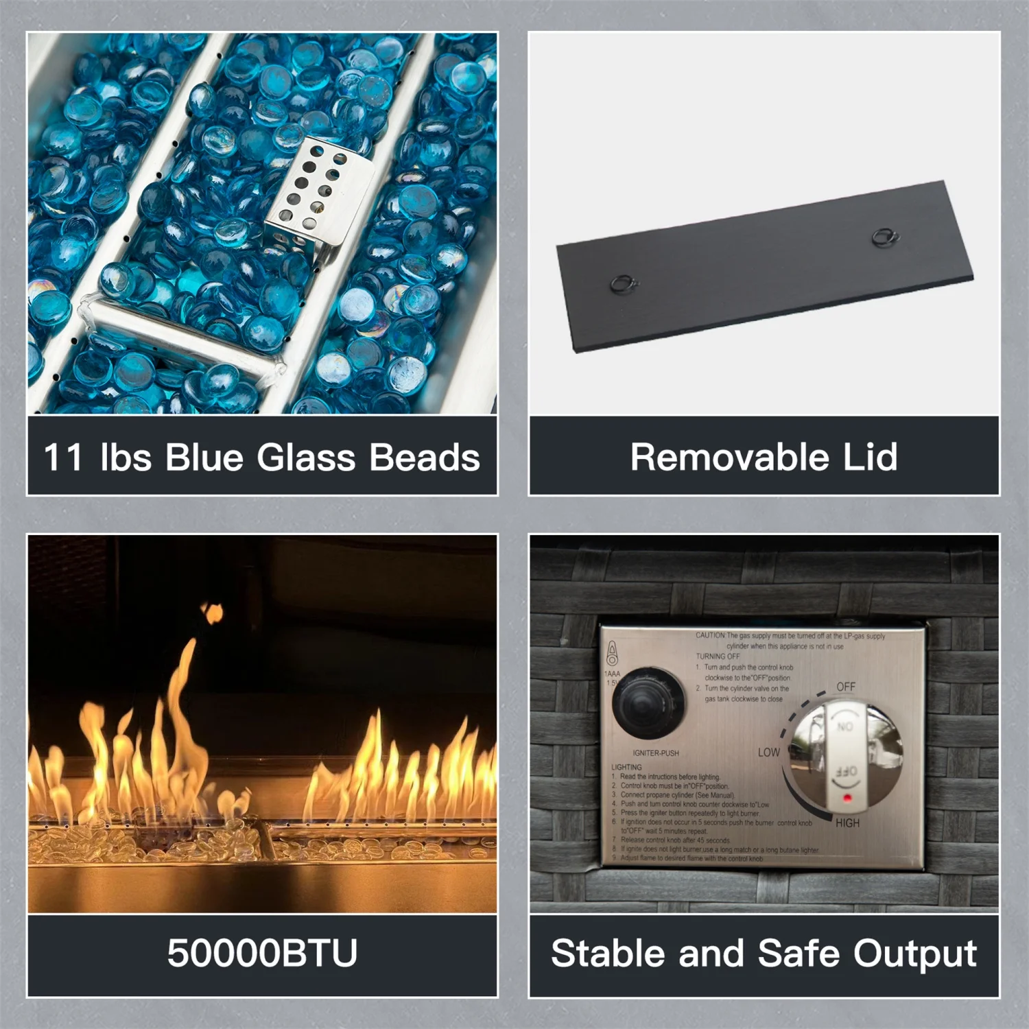 ZJbiubiuHome Fire Pit  43.3 Inch with Glass  Guard  50 000 BTU Smokeless Fire Pits for Outside Outdoor Wicker Gas Fire Pits for Patio (Dark Gray)