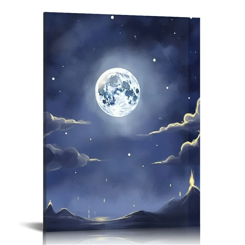 C04-GENYS  Framed Canvas Print Wall Art Peace Watercolor Galaxy with Silver Moon Astronomy & Space Sky Illustrations Modern Art Glam Colorful Ultra for Living Room, Bedroom, Office