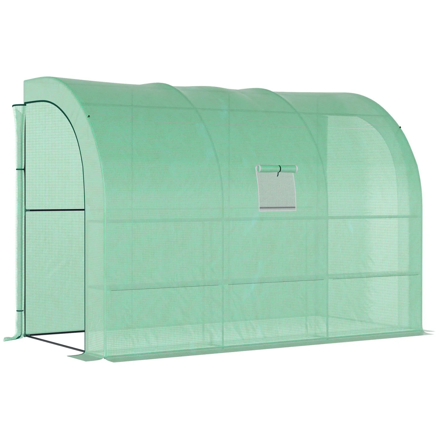 CHYUTR 10‘ x 5‘ x 7‘ Lean to Greenhouse  Walk-In Green House  Plant Nursery with 2 Roll-up Doors and Windows  PE Cover and 3 Wire Shelves  Green