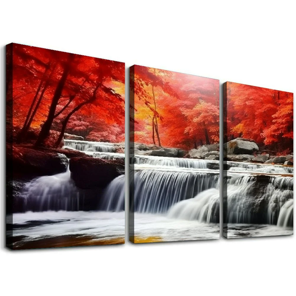 HOMICOZI Canvas Wall Art Framed Prints Art Red Waterfall Wall Art Decor Landscape Picture Print on Canvas Modern Large Artwork Ready to Hang for Living Room Bedroom Wall Decoration 12''x16''X3 Panels