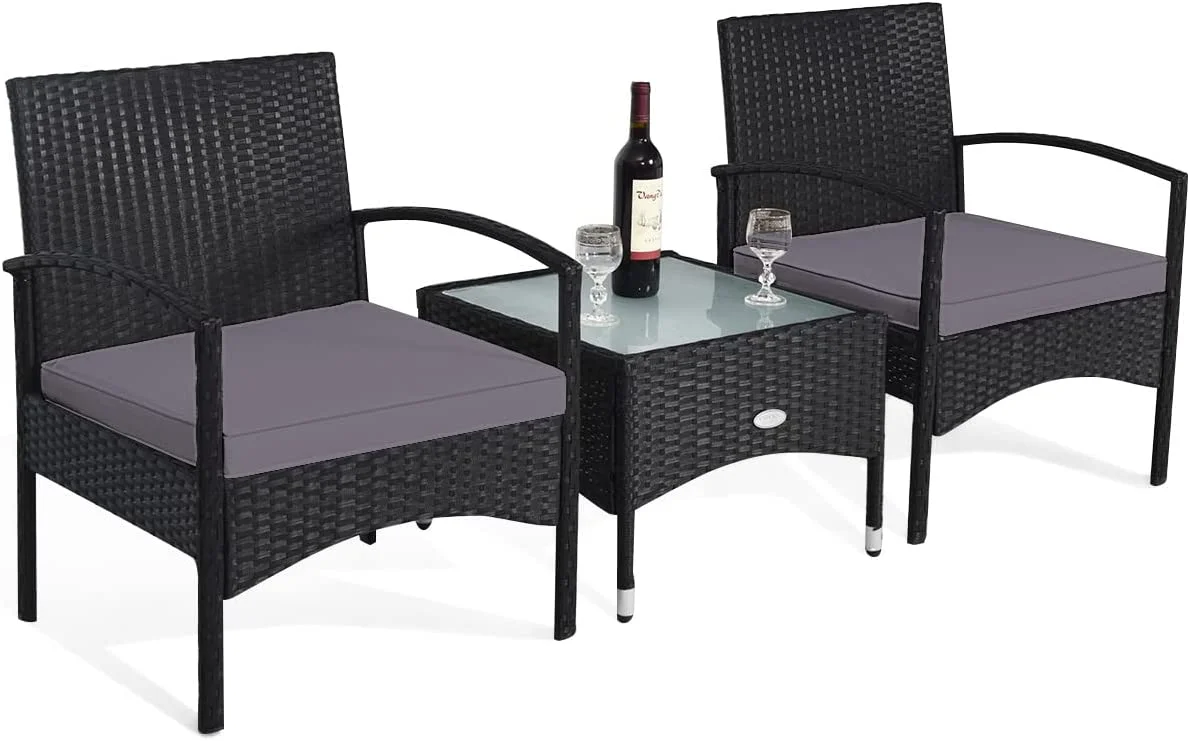 Dina 3 PCS Patio Wicker Conversation Set  PE Rattan Sofa with Tempered Glass Coffee Table  2 Chairs  2 Cushions  Outdoor Patio Furniture Set for Yard Porch Bistro Balcony Backyard Pool  G