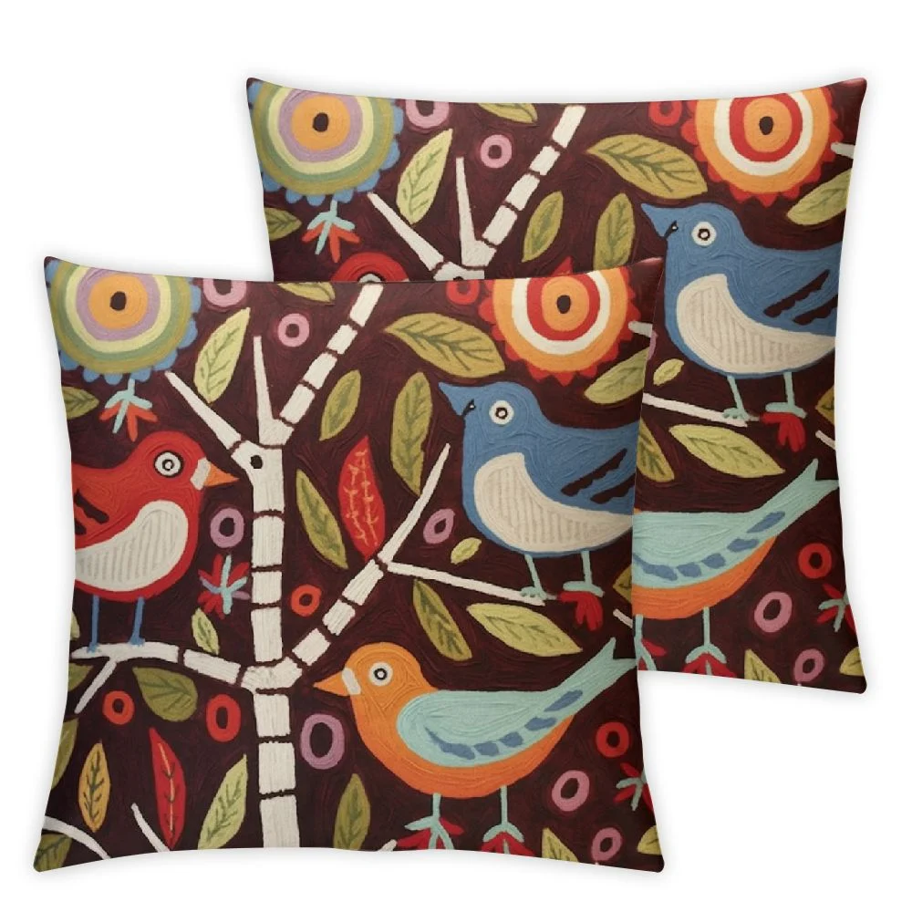 PIKWEEK Red Plant Birds Throw Pillow Cover | Karla Gerard Designer Pillowcase Burgundy Chair Cushion Kids Room Botanical Red Farmhouse Chair Cushions Hand 2pc
