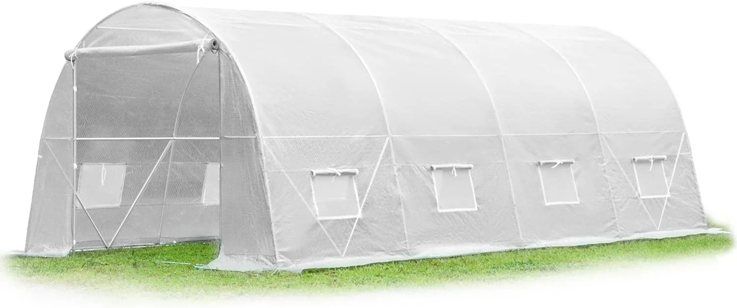 20x10x7ft,Whitehouse Gardening Large Plant Hot House Walking in Tunnel Tent Green House Heavy-Duty Reinforced Frame 8 Screen Windows, White