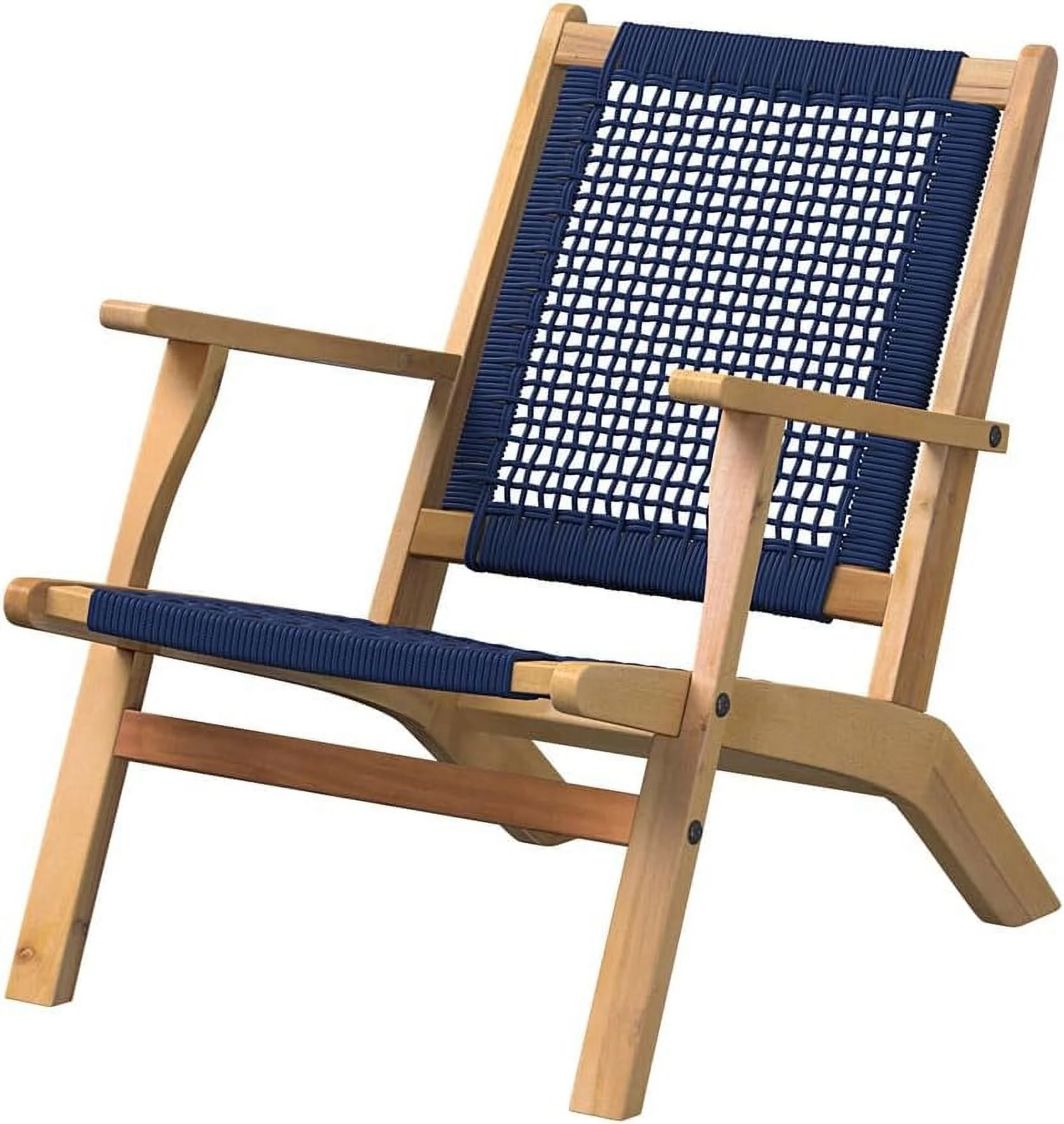 Patio Sense 63634 Vega Natural Stain Outdoor Chair Acacia Wood Construction Woven Web Seat Mid Century Design Comfortable Reclining Armchair Patio Lawn Garden Backyard Deck - Navy Blue Cording