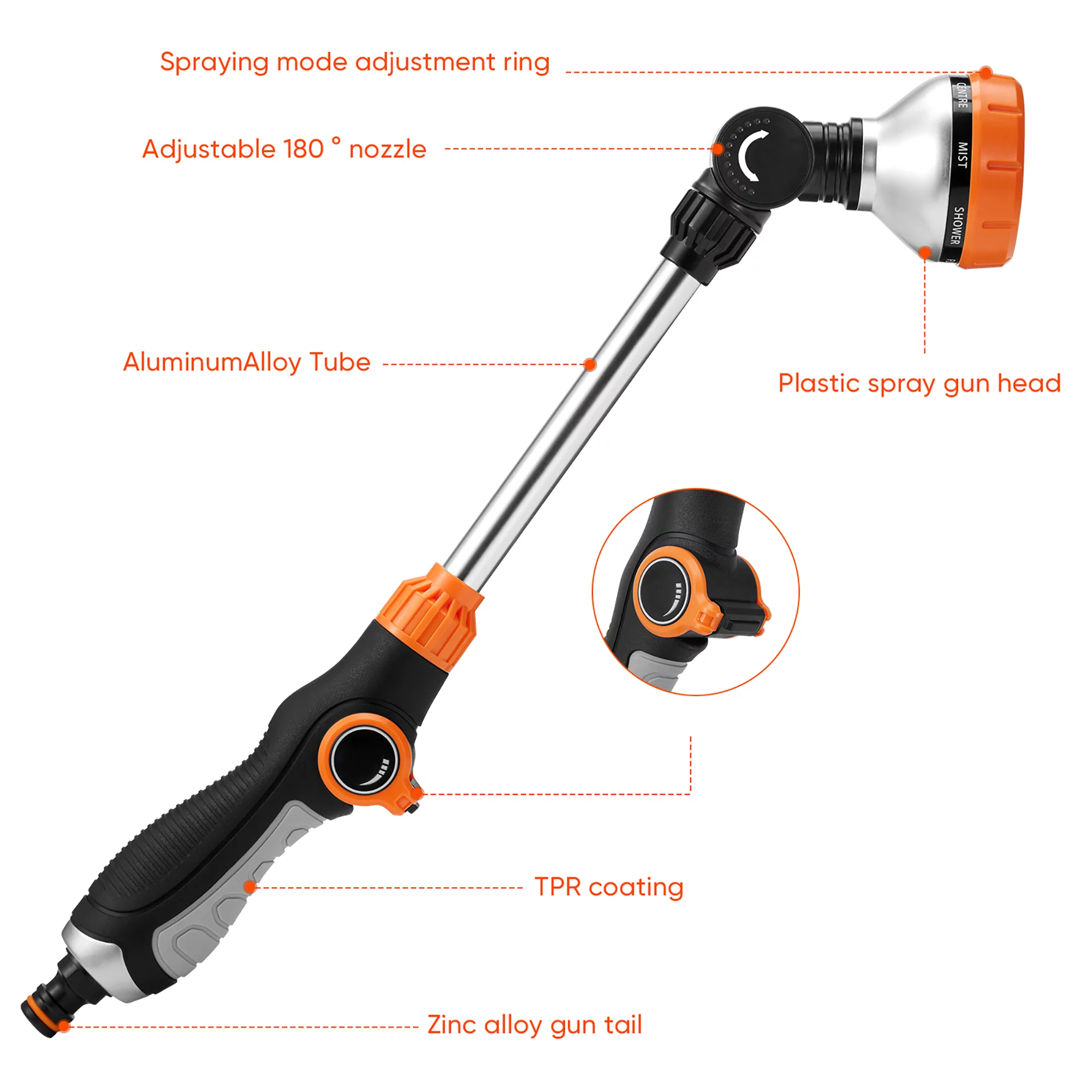 KelaJuan Garden Watering Wand, 180 Degrees Rotating Head 10 Patterns Long Hose Nozzle Sprayer