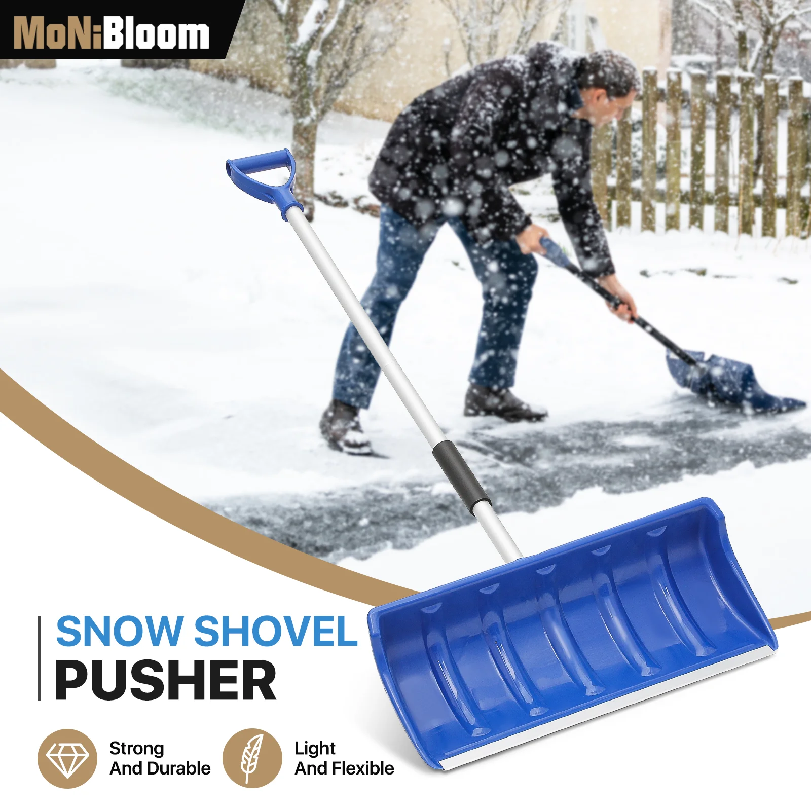 MoNiBloom Snow Shovel, Portable Wide Snow Pusher with D-Grip Handle, 21.5