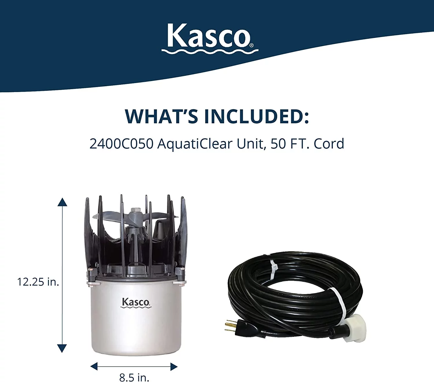 Kasco AquatiClear Water Circulator Pump, 1/2 HP w/50 ft. Power Cord, Clog-Resistant Water Circulation Pump to Keep Dock, Marina & Shoreline Free of Algae & Debris, 120 Volt
