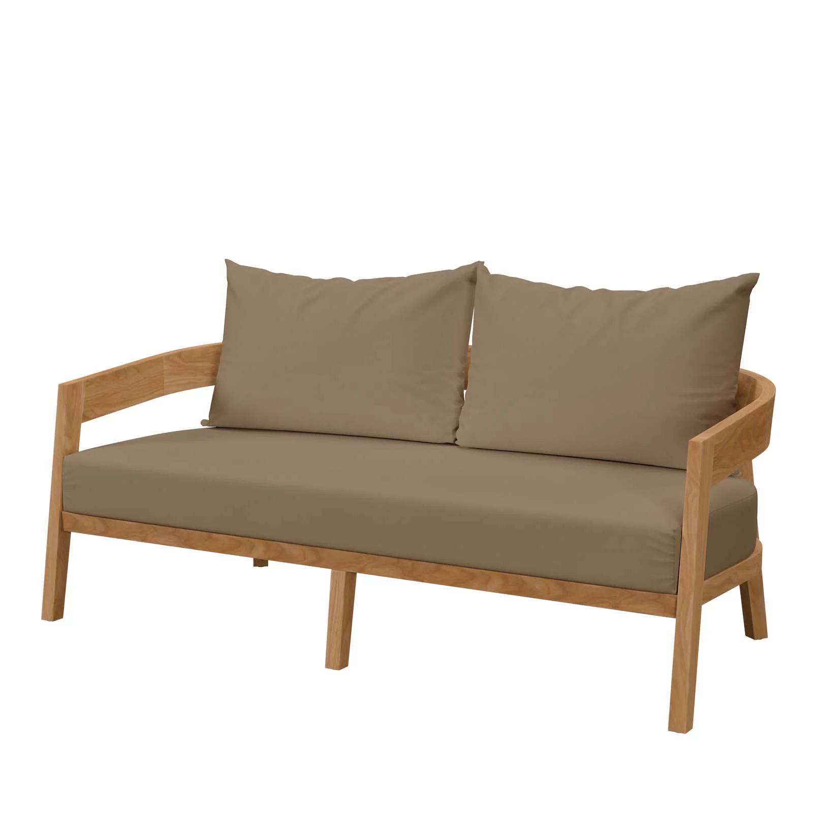 Lounge Loveseat Sofa, Brown Natural, Teak Wood, Fabric, Modern Contemporary, Outdoor Patio Balcony Cafe Bistro Garden Furniture Hotel Hospitality
