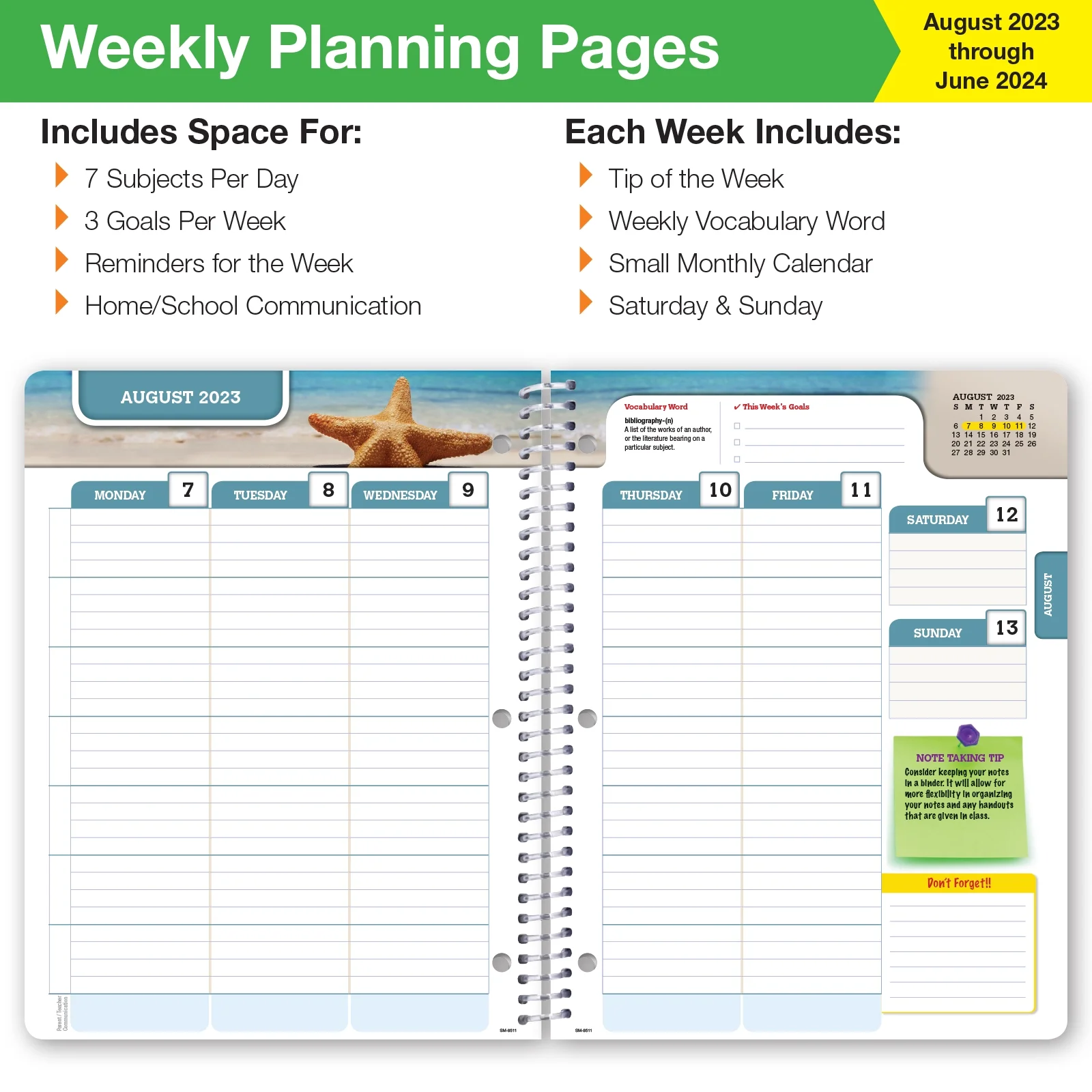 Global Datebooks Dated Middle or High School Secondary Student Planner for Academic Year 2023-2024 (August 2023 through June 2024) Matrix Style - Large 8.5