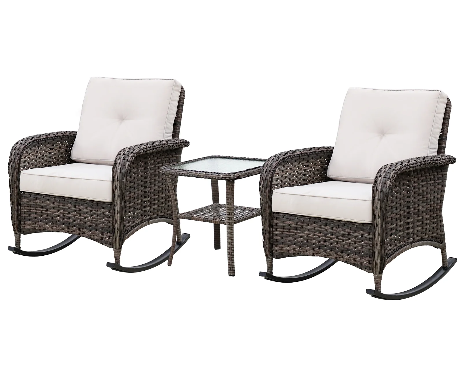 EAGLE PEAK 3 Pieces Patio Furniture Sets, 2pcs Wicker Rattan Rocking Chairs with Cushions and Side Table