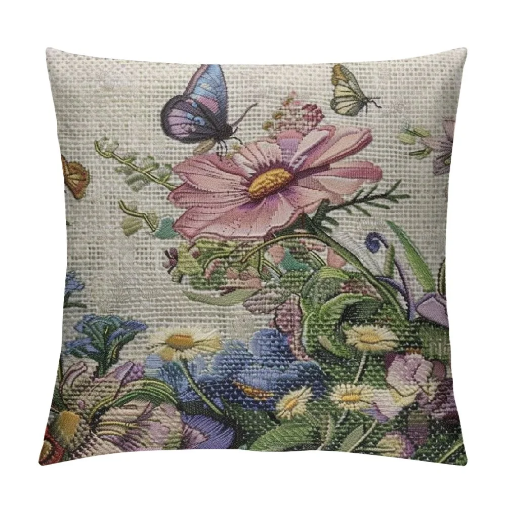 QCPP  Wild Flowers Leaves Throw Pillow Case Cushion Cover Botanical Spring Composition with Butterfly, Botanic, Watercolor Herbs Decorative Throw Pillow Covers Cushion Case