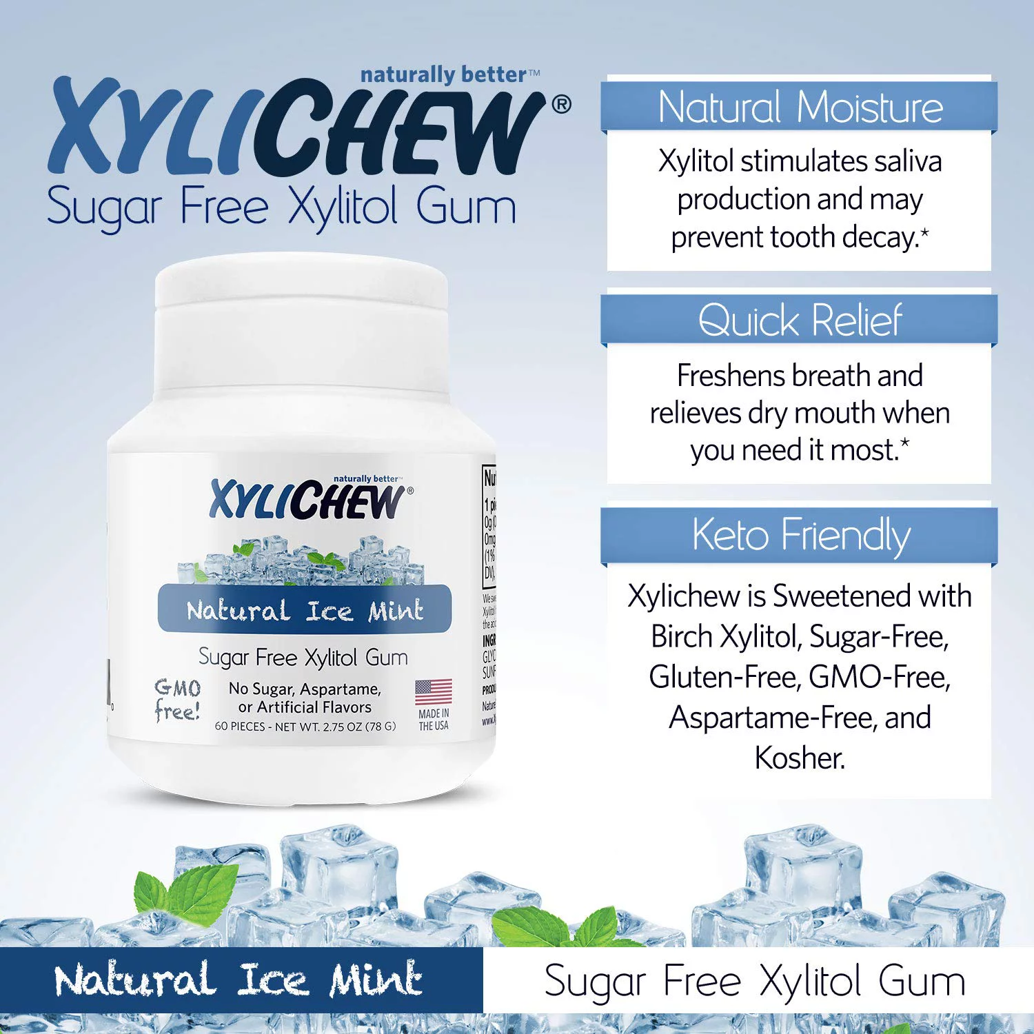 Xylichew Natural Ice Mint Flavor Chewing Gum, Sugar Free Gum, 2.75 oz. Bottles (Pack of 4, 240 Count)
