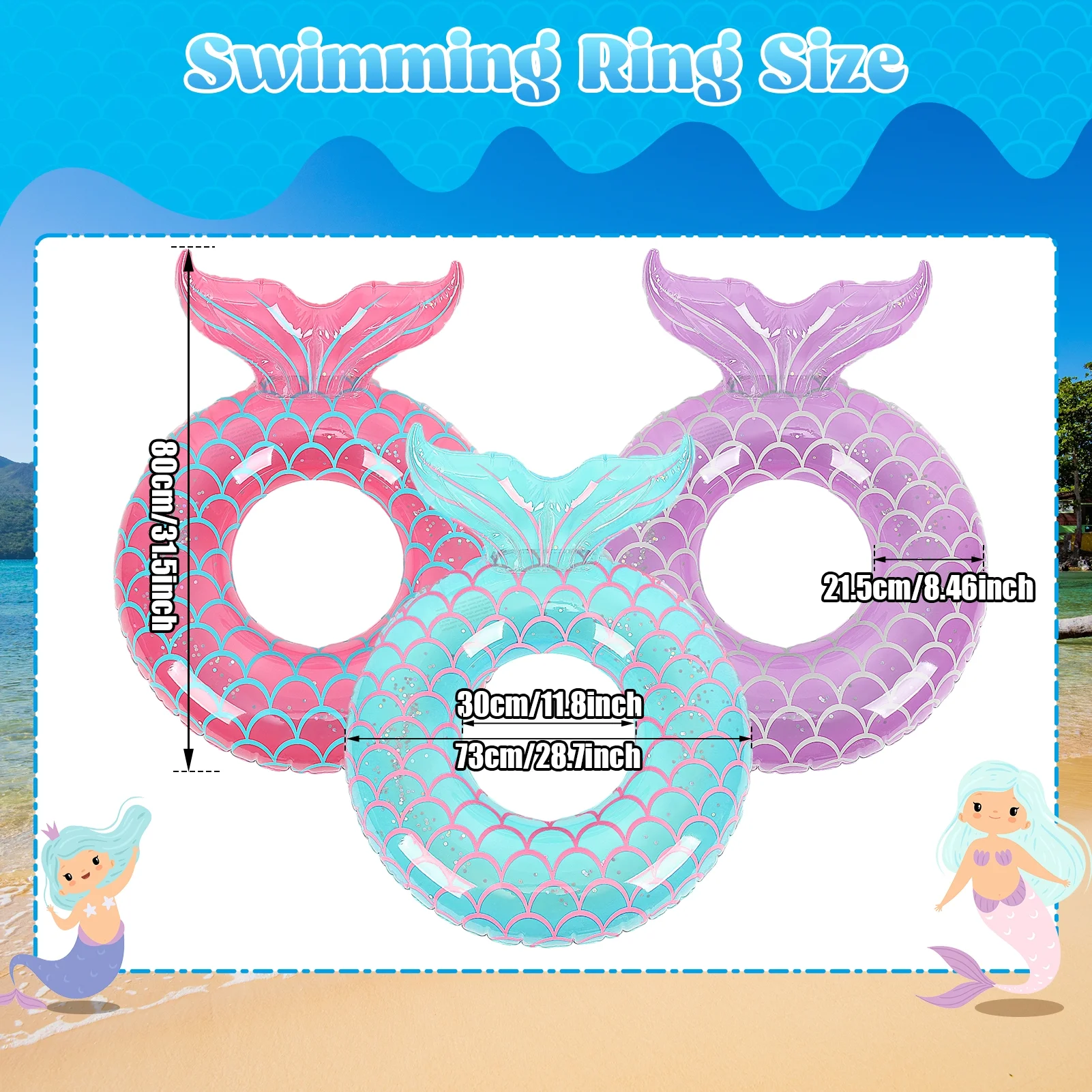 HEQUSIGNS 3Pcs Inflatable Pool Floats for Kids, 31.5 inch Summer Inflatable Swim Tube Rings, Mermaid Pool Float Mermaid Tail Tubes for Outdoor Beach Pool Toys(Mermaid Swim Rings)