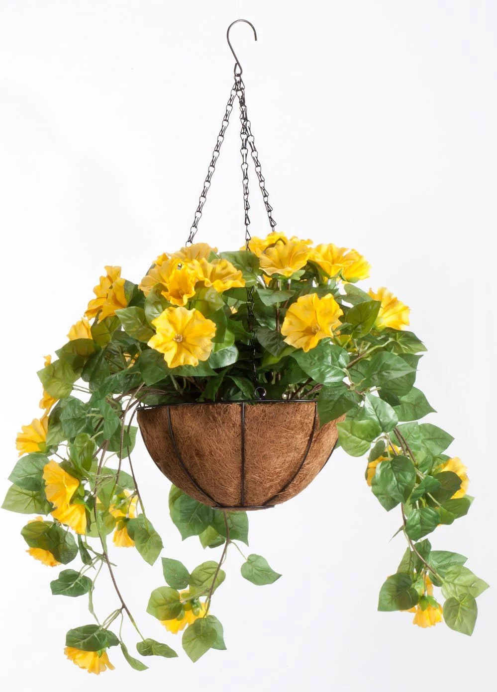 Fully Assembled Artificial Petunia Flower Hanging Basket, 10” Diameter and 18” Chain – Polyester/Plastic Flowers in Metal and Fiber Liner Basket for Indoor/Outdoor Use