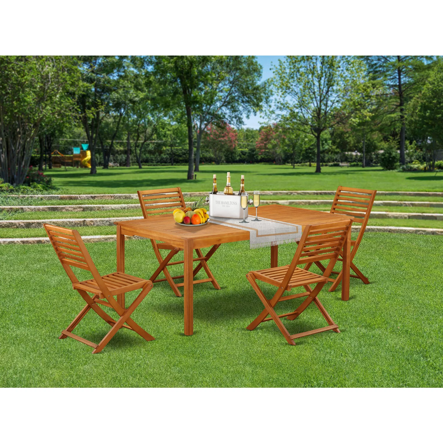 East West Furniture Cameron 5-piece Wood Patio Furniture Set in Natural Oil