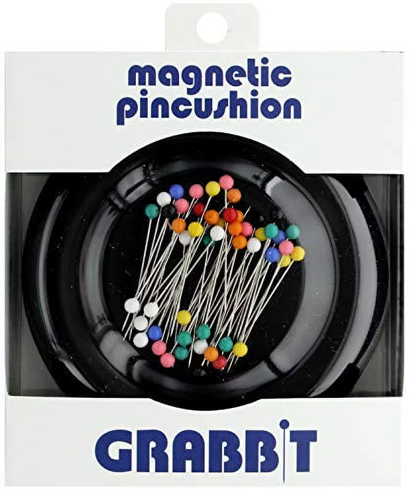 Grabbit Magnetic Sewing Pincushion with 50 Plastic Head Pins, Black